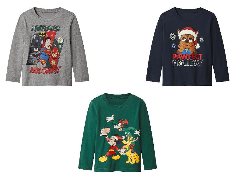 Drie jongens kerstshirts met lange mouwen: Justice League, Paw Patrol en Mickey Mouse.