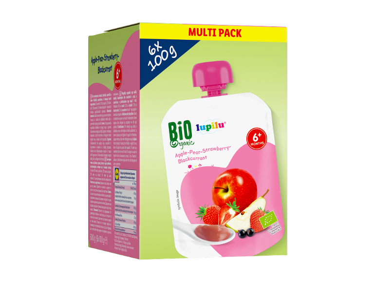 Multipack biologische appel-peer-aardbei-zwarte bessenpuree voor baby's van 6+ maanden.