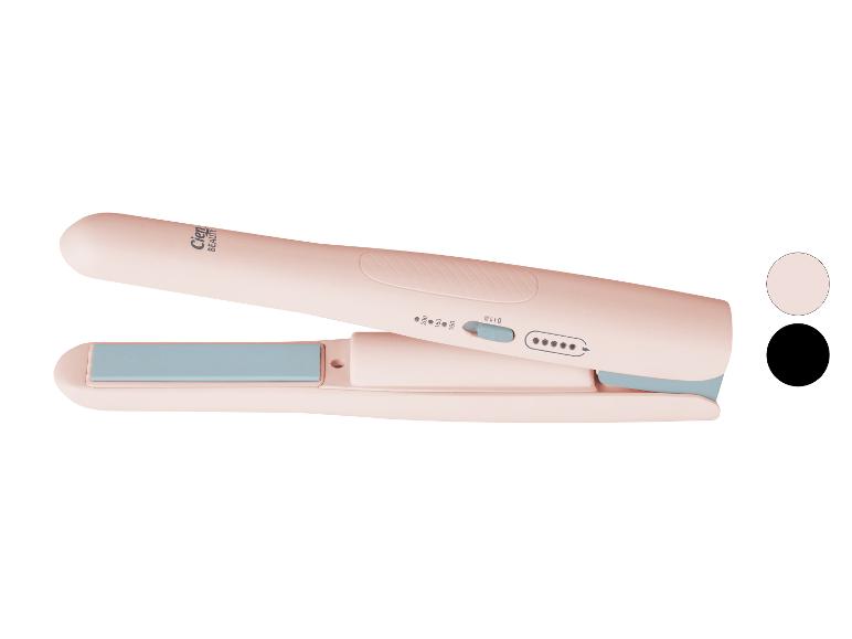 Roze stijltang met blauwe details en temperatuurregeling.