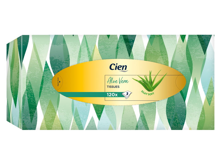 Doos papieren tissues met een groen bladontwerp, met de tekst 'Aloe Vera Tissues' en '120x Silky Soft'.