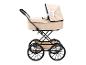 Beige poppenwagen met witte strik en zwarte wielen
