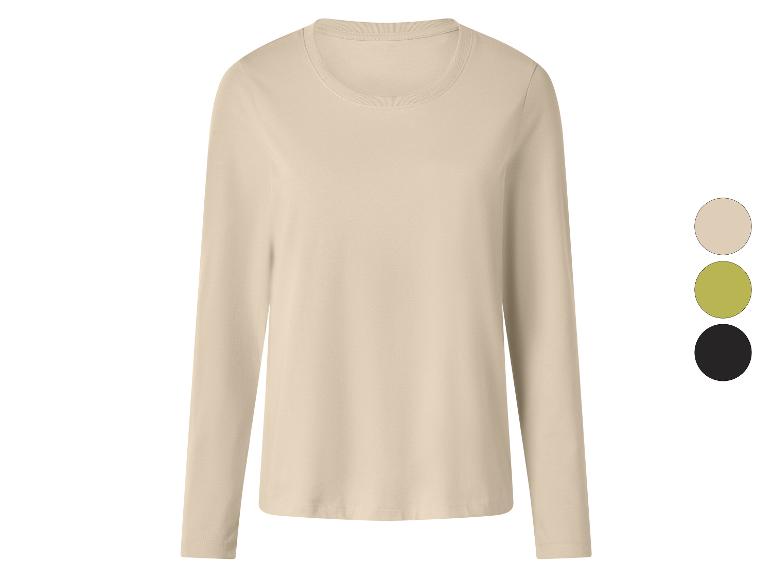 Beige T-shirt met lange mouwen met kleurstalen in beige, limoengroen en zwart.