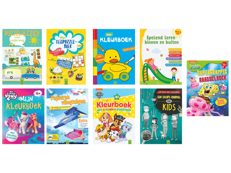 Kleurboeken met My Little Pony, Paw Patrol en SpongeBob, puzzelboek en een boek met papieren vliegtuigen.