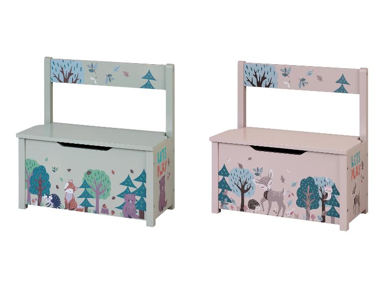 Twee houten speelgoedkisten in de vorm van een bank, versierd met bosdieren.