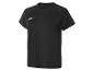 Zwart sport-T-shirt met korte mouwen, ronde hals en wit logo op de borst.