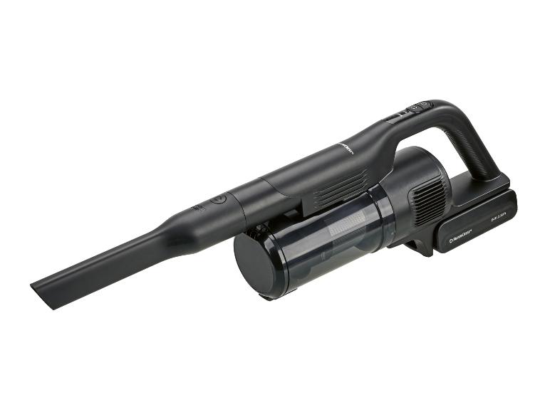Zwarte draadloze handstofzuiger met een 24V 2.5Ah accu en transparant stofreservoir.