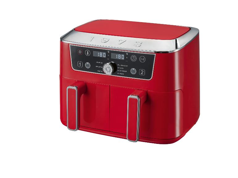 Rode heteluchtfriteuse met dubbele mand en digitaal display met 180°C en diverse kookstanden.