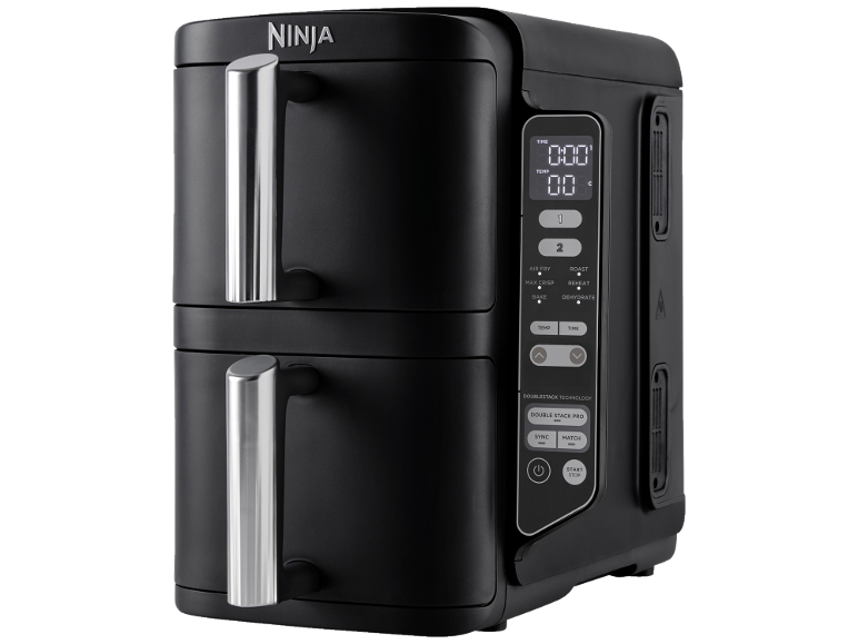 Zwarte dubbele airfryer met digitaal display en handgrepen.