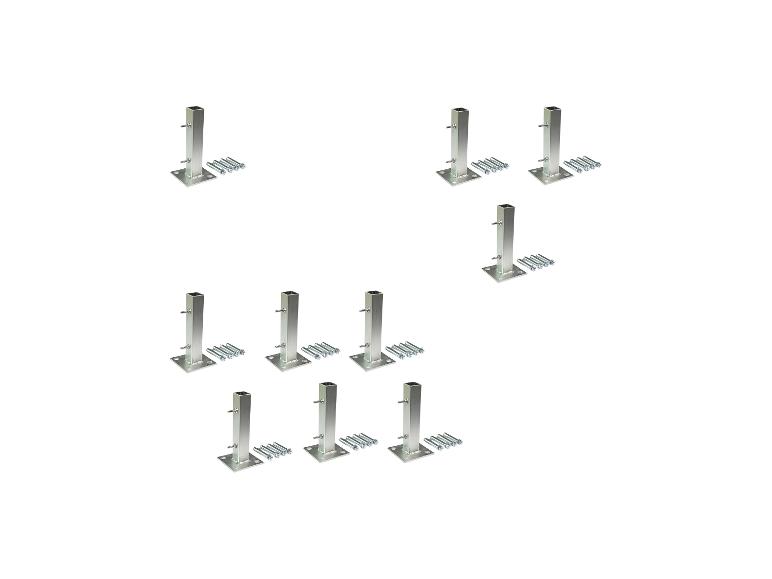 Meerdere metalen paalhouders met vierkante hulzen en ankerbouten.