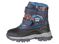 Een blauwe winterschoen met een camouflage-print en een 'Winter Fun'-logo.