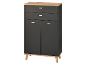 Modern donkergrijs dressoir met lades en deuren, met licht houten blad en poten
