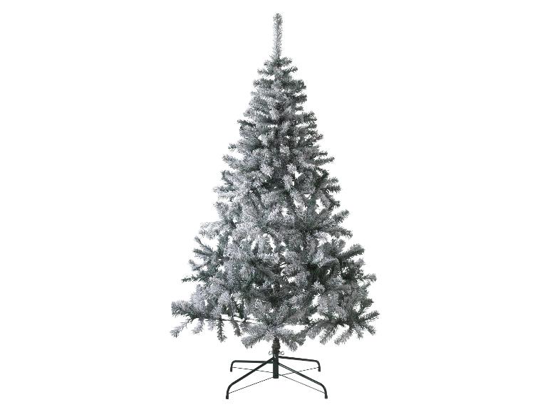 Gevlokte kunstkerstboom met zwarte standaard.