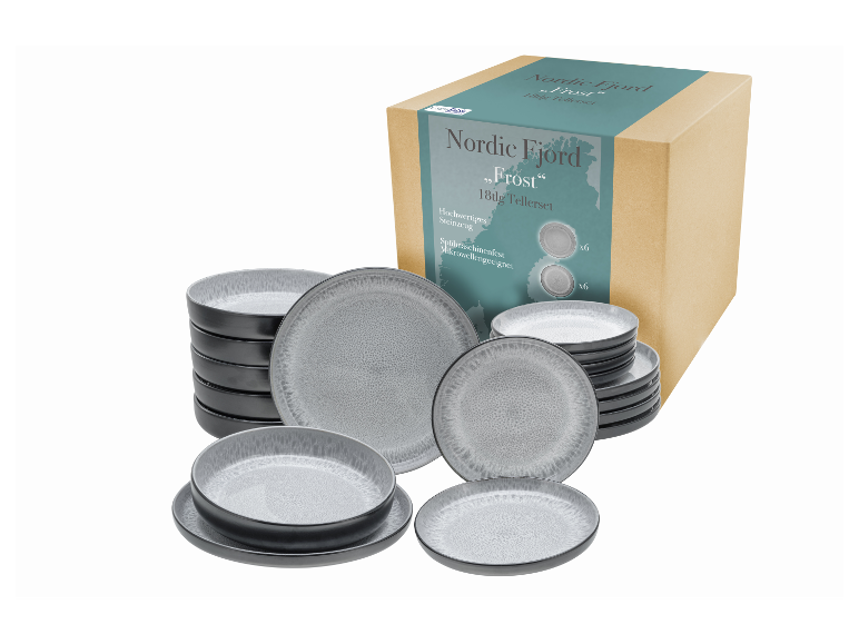 Nordic Fjord Frost servies: grijze borden en kommen.