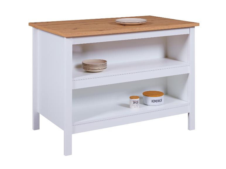 Witte keukenkast met houten blad, open planken en servies.