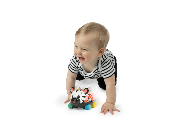 Een baby kruipt achter een VTech zebra speeltje aan.