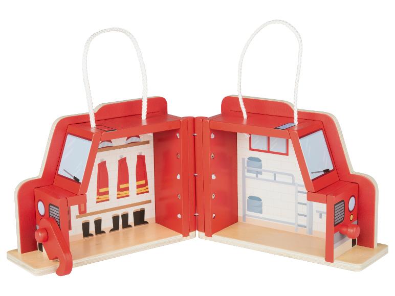 Houten opvouwbare brandweerwagen speelset met gedetailleerd interieur