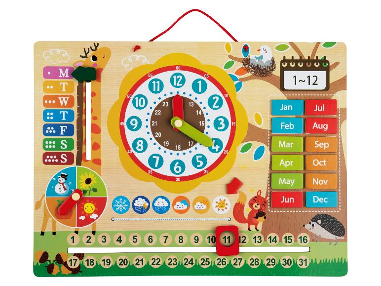 Houten kinder kalender en klok met dieren- en weerthema's.