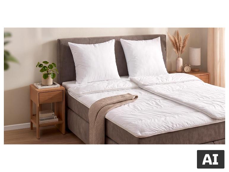 LIVARNO home hoofdkussens en dekbed op een sfeervol opgemaakt bed. [AI-gegenereerde afbeelding]
