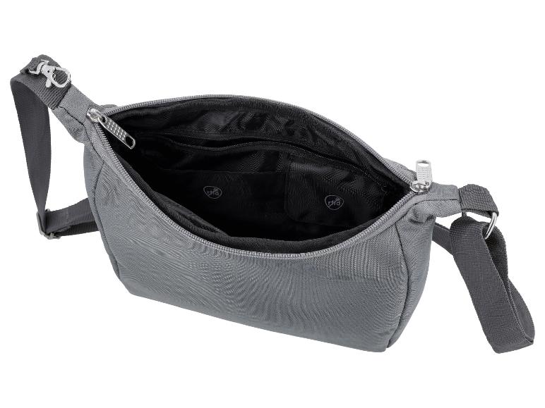 Grijze schoudertas met open rits, met interne compartimenten en RFID-logo.