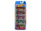 Een doos met vijf Hot Wheels auto's met vlammen.