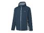Donkerblauwe softshell jas met capuchon en lichtgrijze rits.