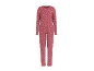 Roze damespyjama met witte stippen, lange mouwen en broek.