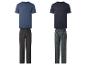 Twee sets herenpyjama's: blauw T-shirt met donkergrijze broek en donkerblauw T-shirt met een bedrukte broek.