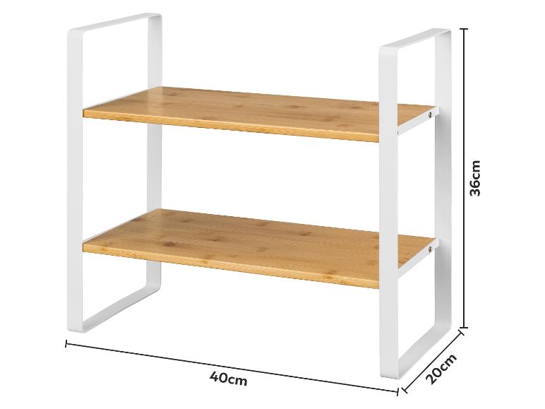 Tweelaags bamboe rek met wit metalen frame, afmetingen 40x20x36 cm.