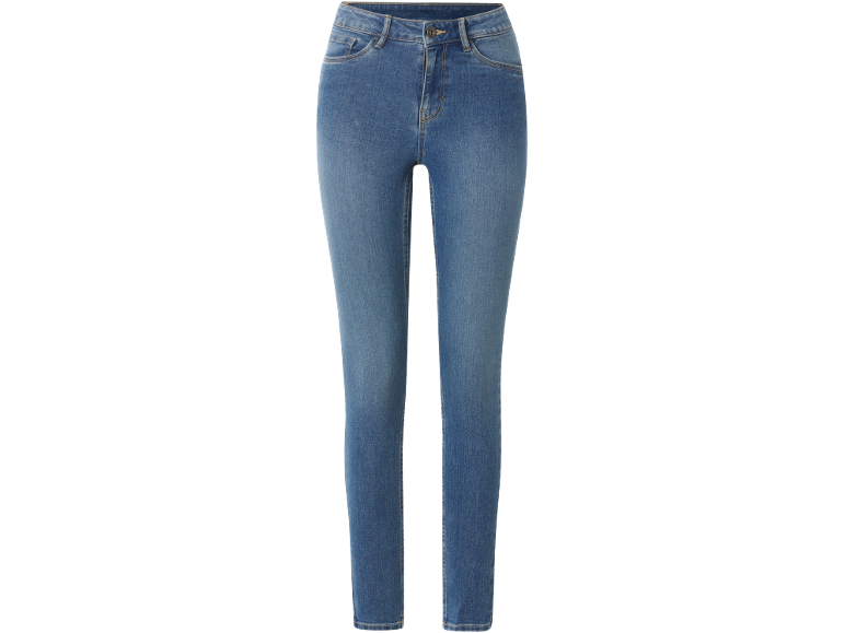 Blauwe damesjeans met vijf zakken en knoopsluiting.