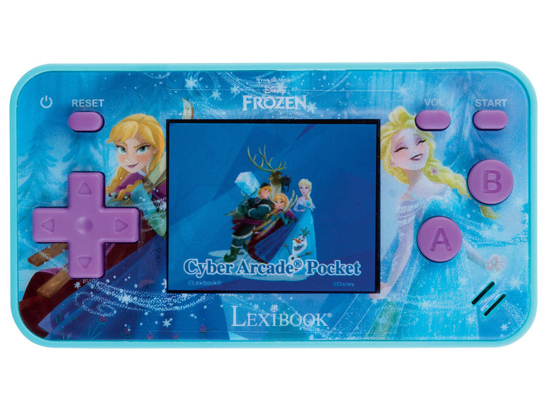 Een blauw Frozen Cyber Arcade Pocket handheld-spel van Lexibook met afbeeldingen van Elsa en Anna.