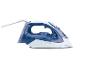 Blauw-wit stoomstrijkijzer met snoer, toont functies voor automatische uitschakeling, zelfreiniging en keramische coating.