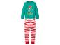 Kinderkerstpyjama met een groen bovenstuk en rood-wit gestreepte broek.