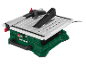 Tafelzaag met groene basis, wit werkblad en zwart zaagblad.