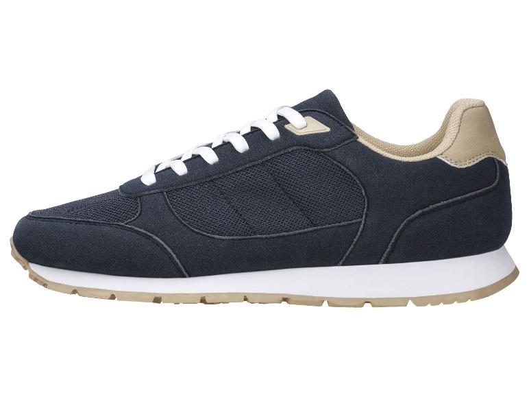 Donkerblauwe herensneakers met witte veters en beige zool