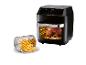 Een zwarte SilverCrest airfryer met een gebakken kip en een mandje met frietjes.