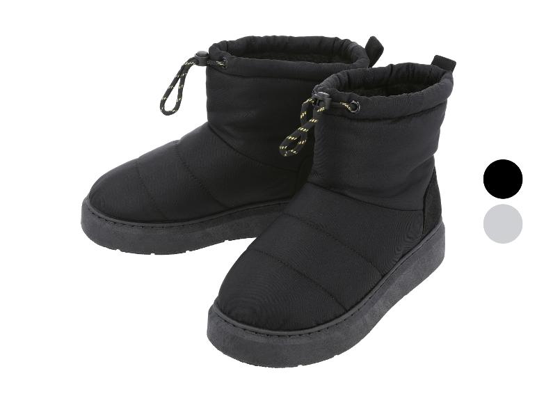 Paar zwarte gewatteerde winterlaarzen met trekkoordsluiting, getoond met kleuropties.