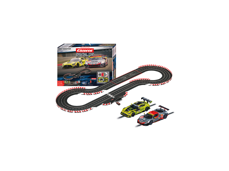 Carrera Digital 132 Grid Master racebaan met twee speelgoedauto's en verpakking.