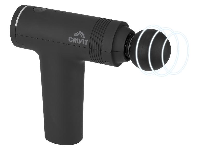 Zwart massagepistool met een ronde kop en witte ringpatronen.
