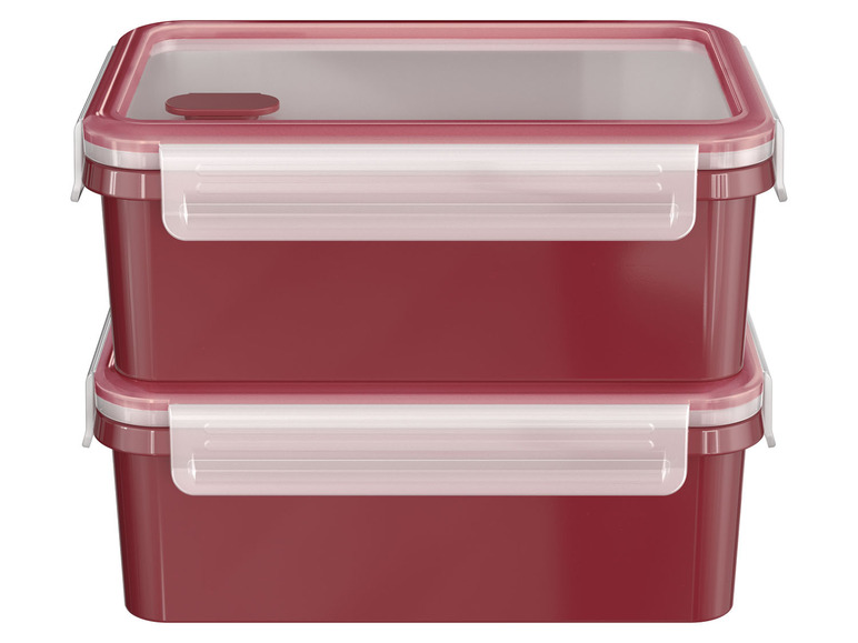 Twee rode plastic opbergdozen met deksels