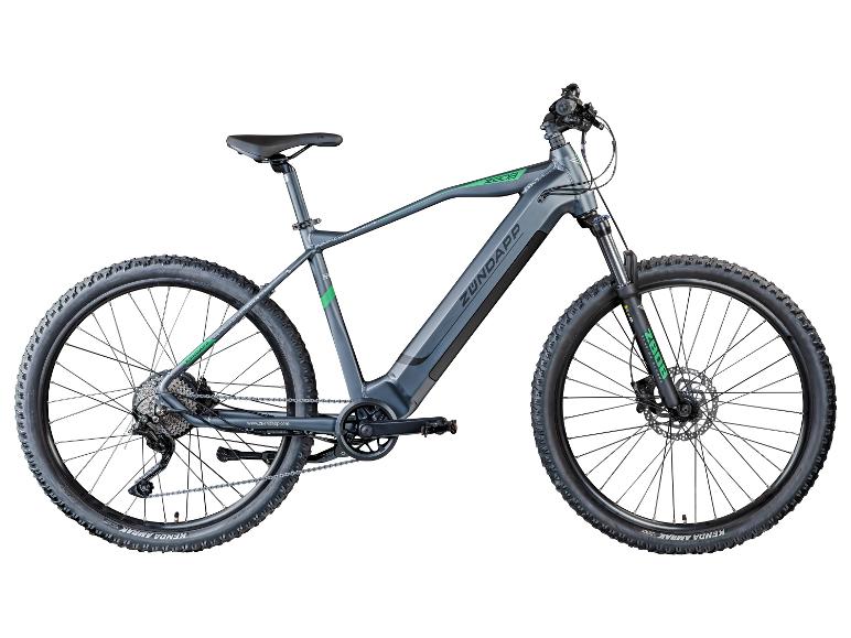 Grijze elektrische mountainbike met groene accenten en 'ZUNDAPP' op het frame.