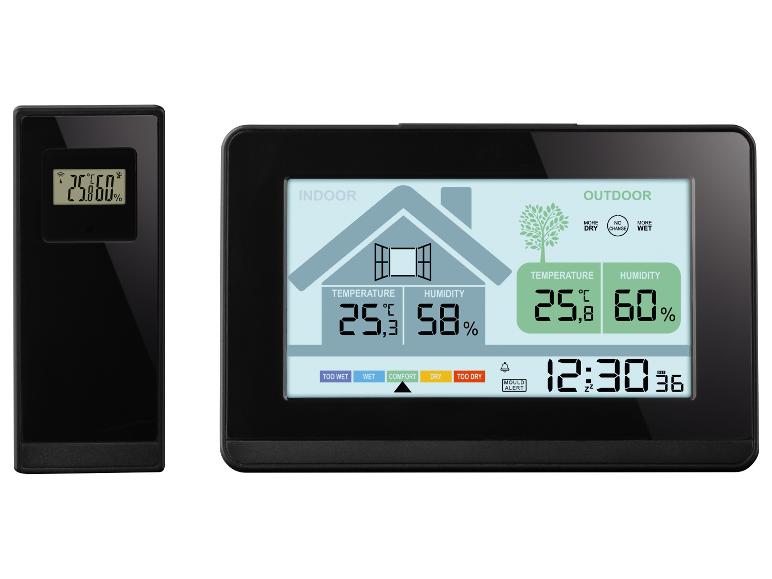 Digitale thermometer- en hygrometer set die binnen- en buitentemperatuur en luchtvochtigheid weergeeft.