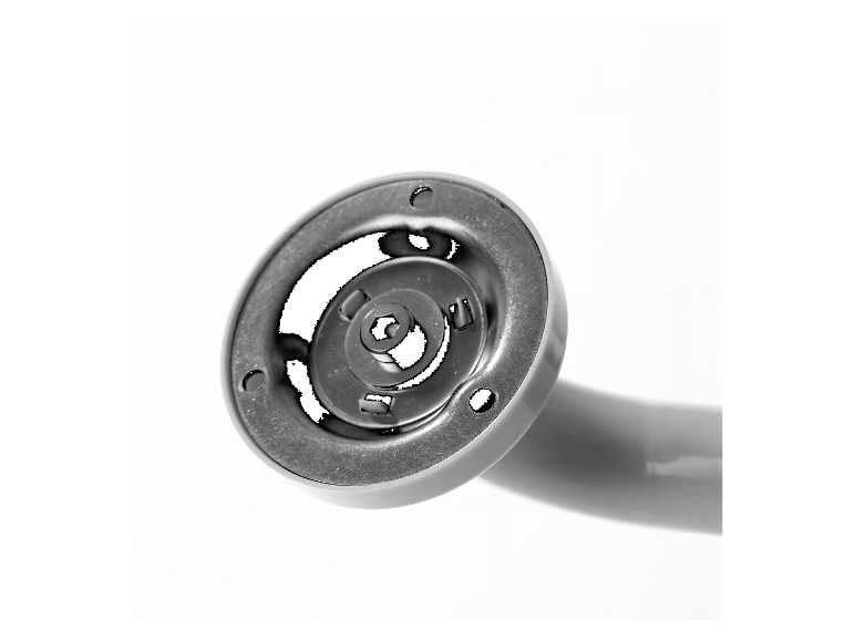 Een cirkelvormig metalen onderdeel met een zeskantbout in het midden.