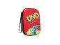 Rode UNO-draagtas met kaartillustraties en een polsbandje.