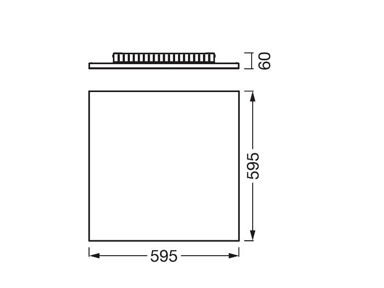 Technische tekening van een vierkant apparaat met afmetingen 595x595x60 mm.