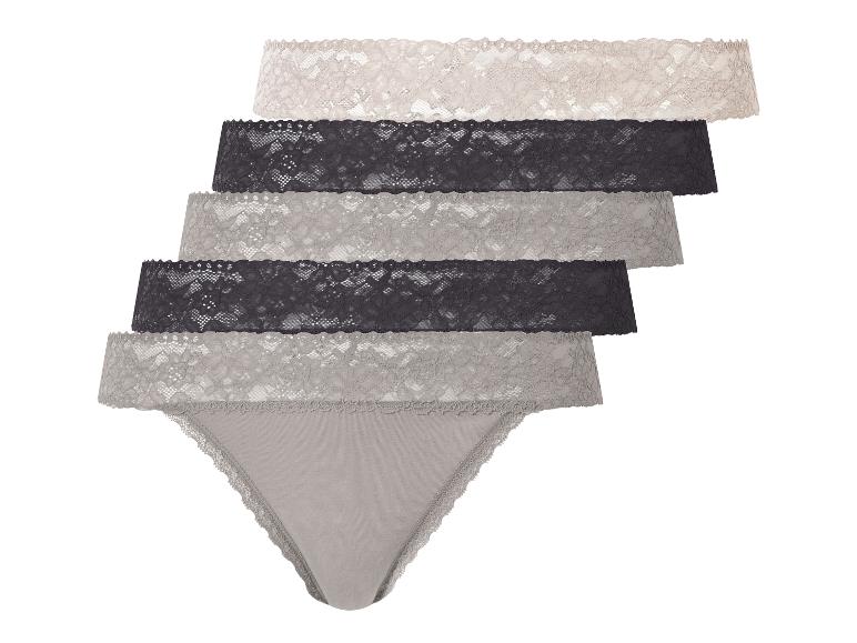 Set van vijf kanten strings in beige, grijs en zwart.