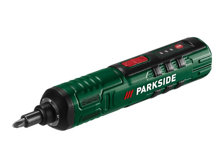 PARKSIDE accuschroevendraaier in groen en zwart met een rode knop