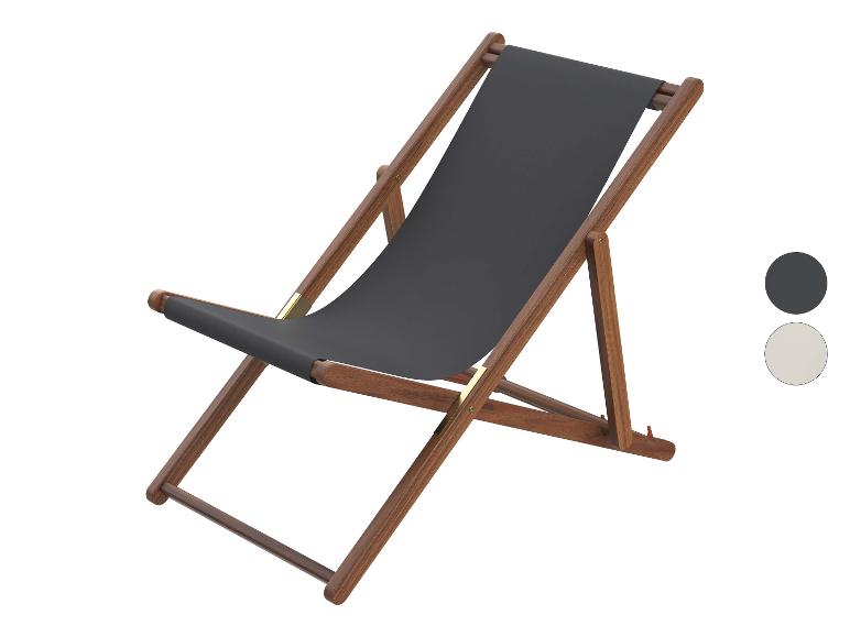 Donkergrijze strandstoel met houten frame, getoond met kleurstalen.