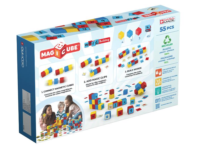 Magnetische woordbouwblokken voor kinderen, 55 stuks, 100% gerecycled plastic.