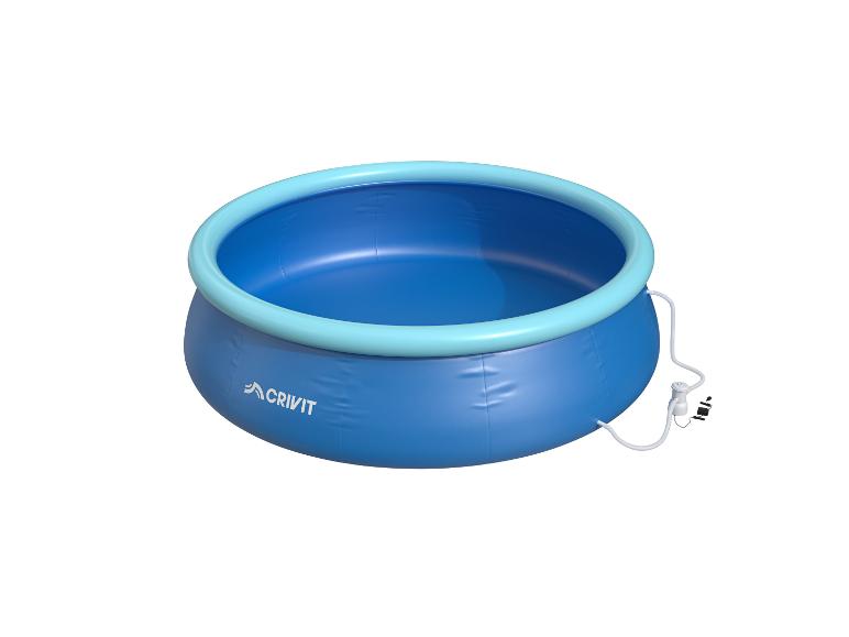 Blauw opblaasbaar rond zwembad met een turquoise bovenring en een filtersysteem.