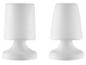 Twee witte, matte tafellampen met een conische kap en een afgeronde voet.